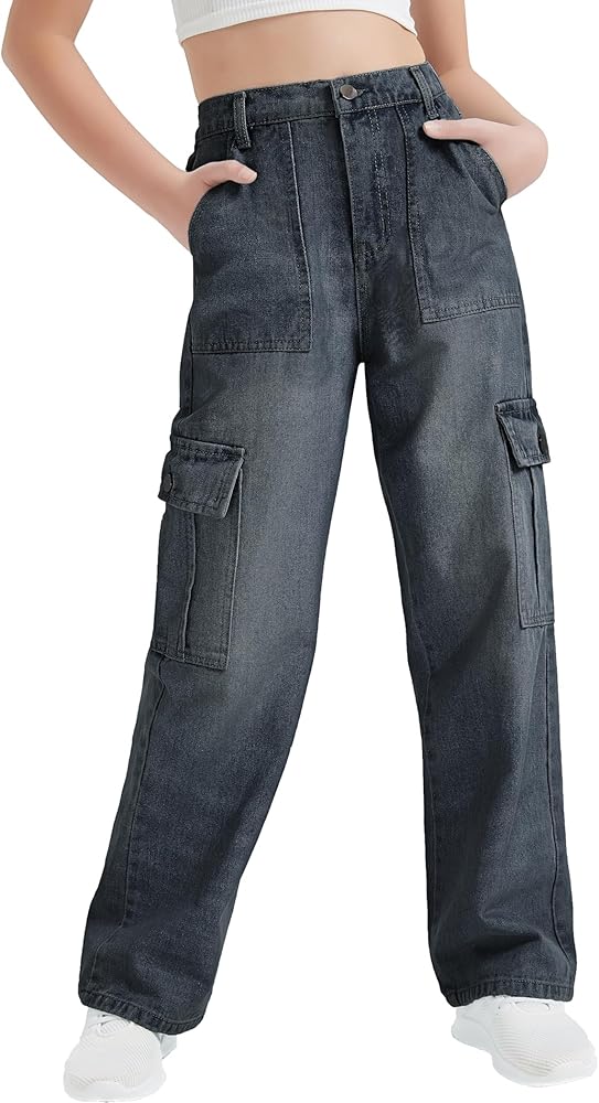 Amazon.com: EXARUS Girls Jeans Cargo Baggy Wide Leg Denim Pants